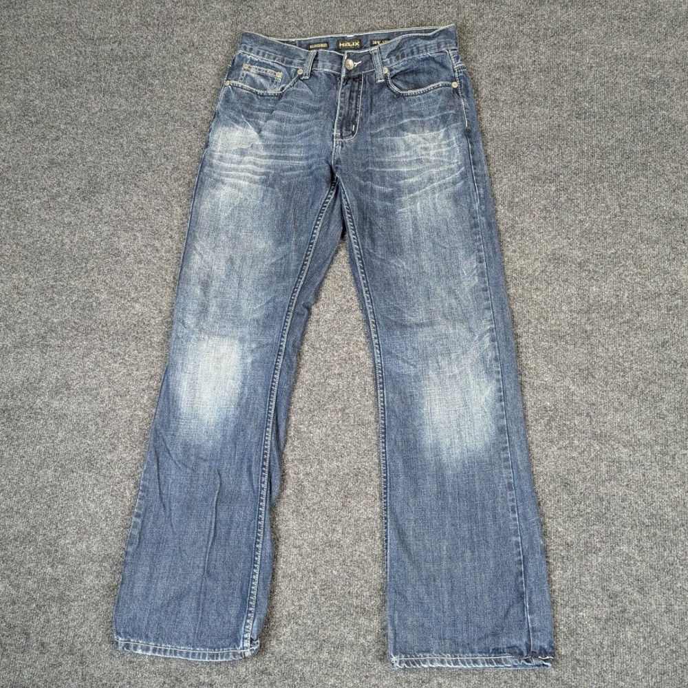 Y2K Helix Relaxed Boot Mens Blue Jeans Medium Wash Whiskered 30x32